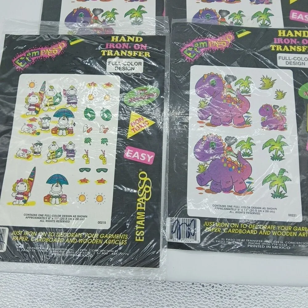 Vintage 80s Iron-on Transfer Sheets Colorful Cartoon & Dinosaurs 4pk Sealed